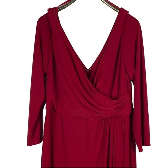 LA FEMME 29044 RED LONG SLEEVE STRETCH FAUX WRAP SURPLICE THIGH HIGH SLIT GOWN - Picture 5 of 14